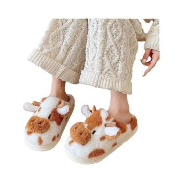 Imagem de Pantufas Femininas Quentes De Pelúcia Com Sola Grossa E Pelo De Vaca P