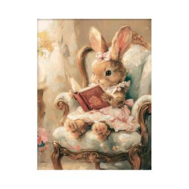 Imagem de Pintura Em Tela Vintage De Coelho Da Páscoa Lendo Um Livro, Arte De Pa