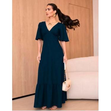 Imagem de Vestido Longo Feminino Soltinho Manga Curta Póa Bolinhas Moda Casual E