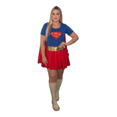 Imagem de Fantasia Super Girl Moça Heroína Halloween Carnaval Luxo Saia + Capa S