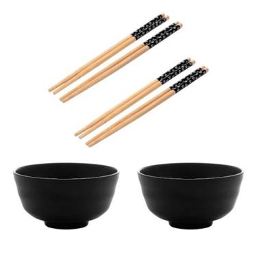 Imagem de Kit Oriental 6 Peças 2 Bowls de Melamina Preto e 4 Pares de Hashis - L