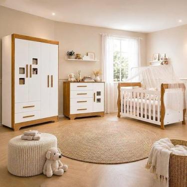 Imagem de Quarto de Bebê Completo com Guarda-Roupa, Berço e Cômoda Sonho Marrom/