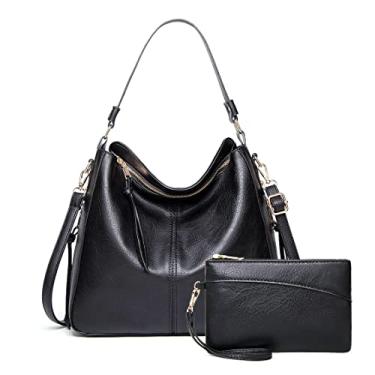 Imagem de JXGSGOGO Bolsas de Ombro Hobo Femininas Bolsa de Ombro Grande Macio Couro PU, Preto (2 peças), One_Size, Clássico