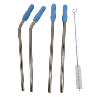 Imagem de Canudo Aço Inox Reutilizavel Kit 4 Peças MilkShake Vitamina Reto Curvo Escova de Limpeza Ponteira Higienico Ecologico Sustentavel