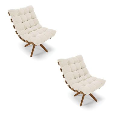 Imagem de Kit 2 Poltronas Giratória Veludo Bege Base Madeira - D`rossi