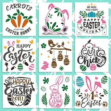 Imagem de 9 peças estêncis de páscoa para pintura na parede de madeira padrões criativos DIY reutilizável modelo de desenho de páscoa coelho cenoura patch ovos de páscoa decoração de pintinho artesanato estêncil perfeito para decoração de casa