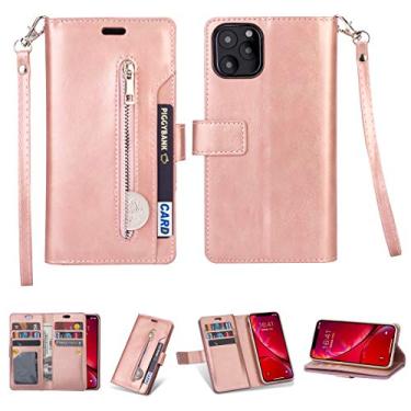 Imagem de Capa para iPhone 11, carteira de couro PU Folio Flip Case com zíper bolso slots para cartão fecho magnético capa protetora à prova de choque com alça de pulso para iPhone 11 (rosa)