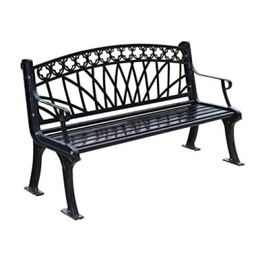 Imagem de KIZQYN Banco de jardim 150 cm banco de parque ao ar livre moldura de ferro fundido encosto oco banco de lazer preto ferro forjado móveis ao ar livre com apoios de braço bancos ao ar livre