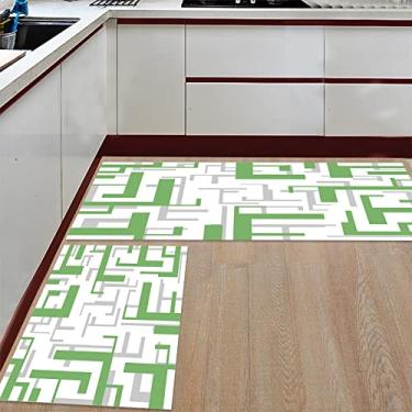 Imagem de Tapete de corredor de cozinha, padrão geométrico de meados do século verde cinza branco antiderrapante tapete tapetes de porta tapete para lavanderia cabeceira banheiro quarto conjunto de 2