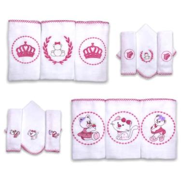 Imagem de Kit 12 Fraldas De Pano Bordadas (6 De Ombro E 6 De Boca) PINK FORTE