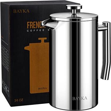 Imagem de BAYKA French Press Cafeteira de 1 litro com isolamento de aço inoxidável de 1 litro com 4 telas de filtro, livre de ferrugem, lavável na lava-louças, prata