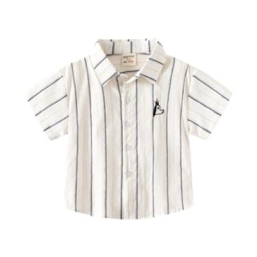Imagem de Camisa de botão para meninos Vertical Listrada Manga Curta Toddle/Bebê Camisas Vestido de Verão Casual Solto Top 18M - 8 Anos, Bege, 100/2-3 Y