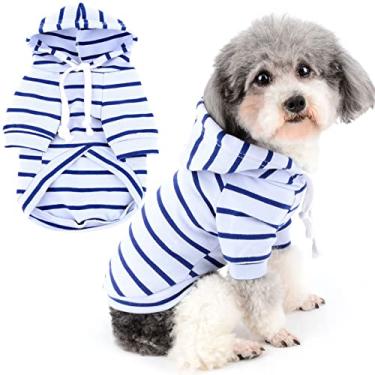 Imagem de Zunea Camisas com capuz para cães pequenos médios listradas roupas de filhote pulôver moletom macio manga curta camiseta básica animal de estimação menina menino roupas para todas as estações azul