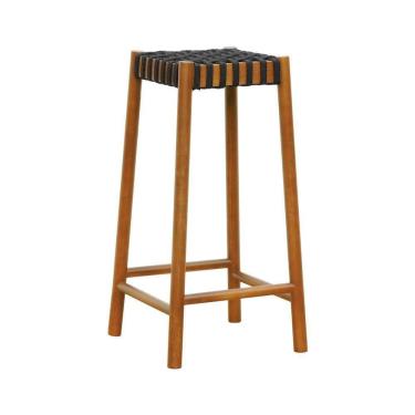 Imagem de Banco Alto Amber Madeira Maciça - Amêndoa Trançado Corda Na Cor Preta