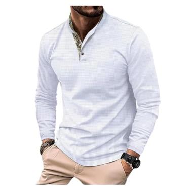 Imagem de Camisa polo masculina estampa waffle gola larga gola de golfe meia frente botões cor sólida pulôver, Branco, M