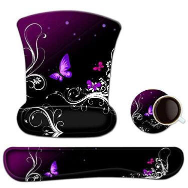 Imagem de Mouse pad ergonômico para descanso de pulso de teclado, ToLuLu Mouse Pad para computador laptop, teclado de mouse pad antiderrapante com espuma de memória elevada para fácil digitação e alívio da dor, borboleta roxa