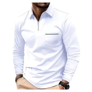 Imagem de Camisa polo masculina cor sólida bolso frontal zíper pulôver gola larga manga longa, Branco, 3G