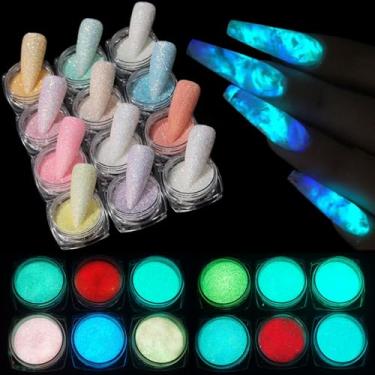 Imagem de Fcozpjk Glitter que brilha no escuro, kit de pó de pigmento luminoso com 12 caixas, pigmento fluorescente em pó para unhas, revestimento holográfico de açúcar brilhante, conjunto de glitter ultrafino