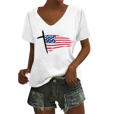 Imagem de Camiseta feminina com estampa da bandeira dos EUA Dia da Independência camiseta túnica de verão para treino, Branco, M