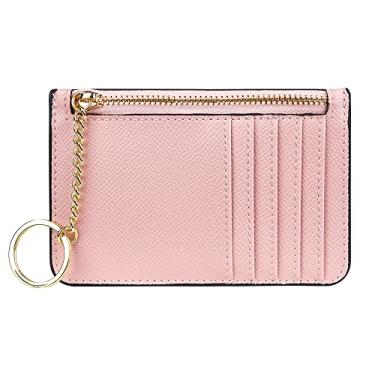 Imagem de Carteira feminina de couro fina e minimalista com porta-cartões com zíper e bolso frontal com chaveiro, Rosa, One Size, Casual