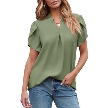 Imagem de EVALESS Blusas femininas elegantes casuais de chiffon para trabalho, verão, gola V, lindas camisetas de manga curta com pétalas soltas, Verde claro, P