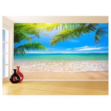 Imagem de Papel De Parede 3D Praia Mar Coqueiros Céu Azul 3,5M Npr333