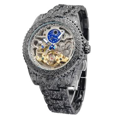 Imagem de FORSINING Relógio vintage masculino com gravação automática automática, mostrador grande, luminoso, fase da lua, padrão de tatuagem, dourado, oco, Preto, Retrô