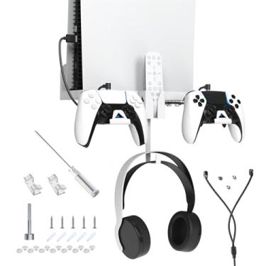 Imagem de PS5 Wall Mount Kit for PS5 Slim & Disc Edition, Steel Wall Hanging Stand,Inlcude 2 Detachable Controller Hanger Brackets for PS5Controllers, Headset Holder,White
