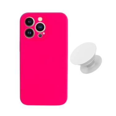 Imagem de Kit Capa Capinha de Silicone Anti Impacto Proteção Tela Celular Compatível com iPhone 13 Pro e Acessório Para Suporte Pop Clip Socket Grip Branco Proteção Premium e Funcionalidade (Rosa Neon)