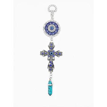 Imagem de Luckboostio – Amuleto de cruz com strass azul e mandala azul com uma pedra preciosa turquesa verde pendurada, para crescimento, força, proteção, decoração de carro, escritório, casa, ótimo presente, 5 x 8