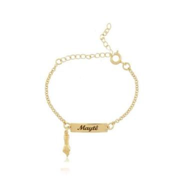 Imagem de Pulseira Infantil Bebê Rn Figa Gravação Nome Folheado a Ouro 18k - Gab