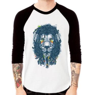 Imagem de Camiseta Raglan Leão Reggae Manga 3/4 - Foca na Moda, Branco, Preto, G