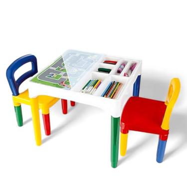 Imagem de Mesinha Infantil Didática Conjunto de mesa e cadeiras para atividades infantis mesa de desenho artístico com armazenamento com 2 cadeiras (Multicolorido)