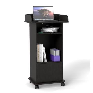 Imagem de Suporte de pódio portátil, púlpito de madeira móvel para recepção de pódio, mesa de recepção com prateleira ajustável e rodas bloqueáveis para igrejas e conferências escolares