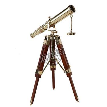 Imagem de Telescópio vintage de latão no tripé, telescópio de mesa antigo, decoração de casa, vidro espião náutico, azul-marinho, aventura ao ar livre, decoração de casa