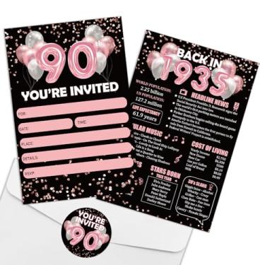 Imagem de REWIDPARTY Cartões de convite de aniversário de 90 anos de ouro rosa com envelopes e adesivos (conjunto de 15) Back in 1934 Fill in convites Happy 90th Birthday Convites 90 Years Old Birthday Party