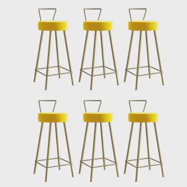 Imagem de Kit 06 Banqueta Alta Com Encosto Tais Eiffel Cozinha Bar Bistrô Ferro Dourado Sintético Amarelo - Ahz Móveis