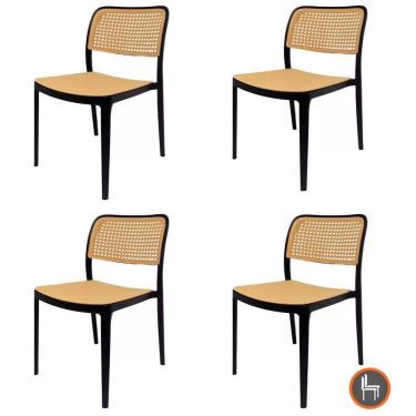 Imagem de Kit 4 Cadeiras Empilhável Bali Amis Fratini Polipropileno Cor Preta E Assento Rattan