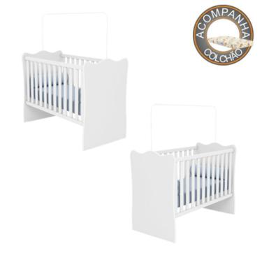 Imagem de Kit Berços Gemeos Simples sem Rodízios Linha Doce Sonho Branco com Colchão 130x60 cm Nana Nenem Qmovi Umaflex