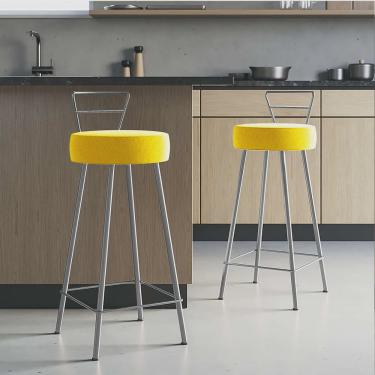 Imagem de Kit 02 Banqueta Alta Com Encosto Tina Eiffel Cozinha Bar Bistrô Ferro Cinza Suede Amarelo - Ahazzo Móveis