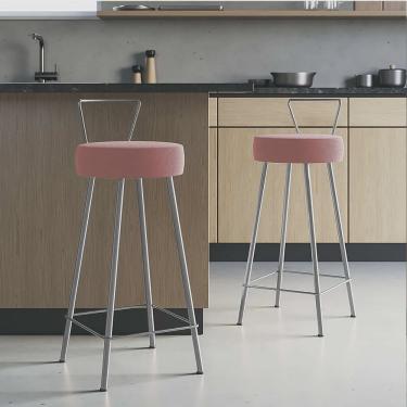 Imagem de Kit 02 Banqueta Alta Com Encosto Tais Eiffel Cozinha Bar Bistrô Ferro Cinza Suede Rosa Gold - Ahazzo Móveis