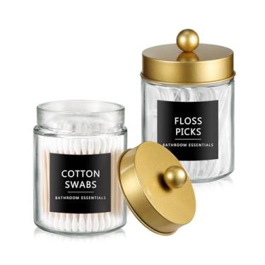 Imagem de SheeChung Dispensador de suporte Qtip para organizador de banheiro e decoração de fazenda - Pote de boticário de vidro elegante com tampa e adesivos de aço inoxidável, recipiente de armazenamento de