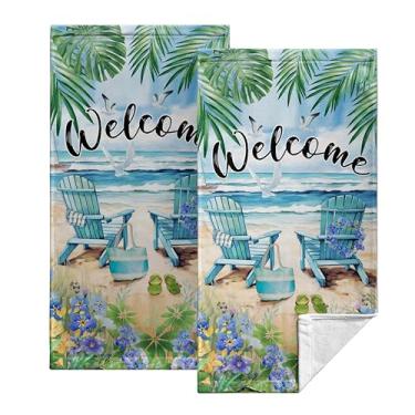 Imagem de Kwlegh Toalhas de mão de praia de verão, cadeira de praia, árvore tropical, toalhas de cozinha à beira-mar, conjunto de 2 toalhas de prato de folhas de palmeira costeiras, toalhas absorventes na ponta