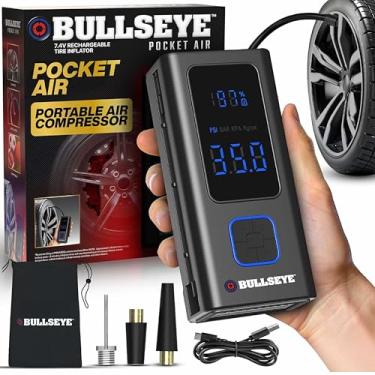 Imagem de Compressor de ar portátil com inflador de pneu POCKET AIR da Bullseye Pro para pneus, bolas, bicicleta com válvula Persta, desligamento automático, infla em 2 minutos, recarregável sem fio, 4000 mAh