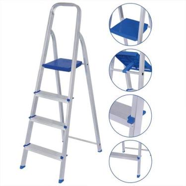 Imagem de Escada de Alumínio Portátil Pequena 3 e 4 Degraus Suporte 120kg Domest