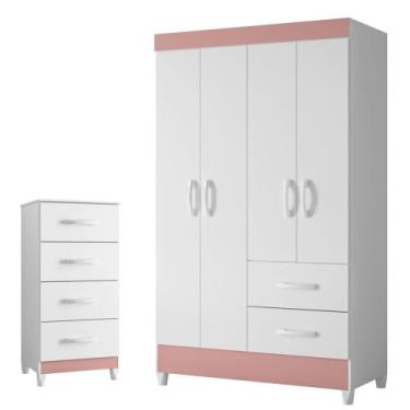 Imagem de Quarto Infantil Com Guarda Roupa 4 Portas e Cômoda Mobi - Albatroz, Bi