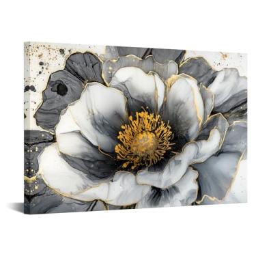 Imagem de iKNOW FOTO Arte de parede abstrata preto e branco impressões em tela de flores de mármore preto e dourado Pintura fluida minimalista arte moderna de parede decoração de parede de luxo para sala de