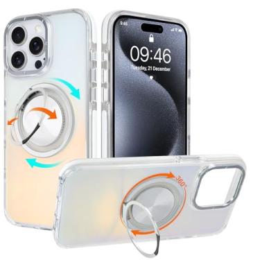 Imagem de WPCase Capa iridescente para iPhone 15 Pro Max com suporte [compatível com MagSafe], capa resistente de grau militar com suporte magnético giratório 360 para mulheres e homens, branco holográfico