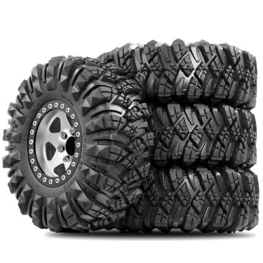 Imagem de STMU Negative Offset 10.4mm 1.9 Beadlock Wheel Rims Aluminum and 1.9 RC Crawler Tires 4.33 Inch Height OD Foam Inserts for Traxxas TRX4 Axial SCX10 SCX10 II III RBX10 Redcat Gen 8 (Silvery)