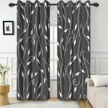 Imagem de Cortinas blackout cinza para quarto, cortinas de janela com estampa de folhas 213 cm de comprimento, conjunto de 2 painéis com isolamento térmico com redução de ruído, cortinas de janela para sala de